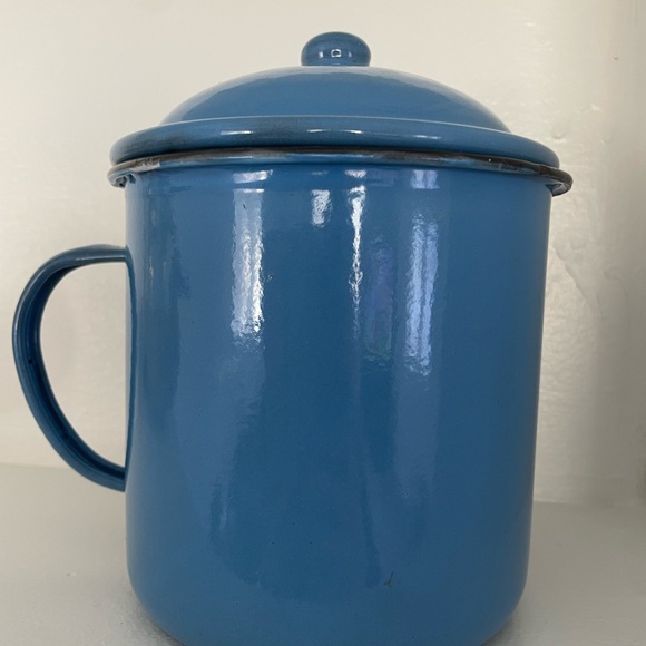 Vintage large enamelware mug with lid camping soup mug graniteware French blue - Picture 2 of 14
